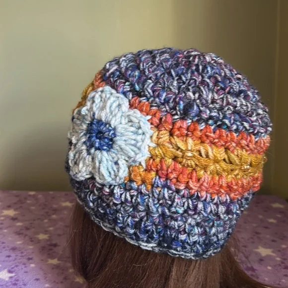 Colorful Knit Beanie with Blue Flower Accent medium soft acrylic yarn new - Picture 9 of 10